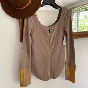 Free People Taupe Long Sleeve Top with Mustard Accents